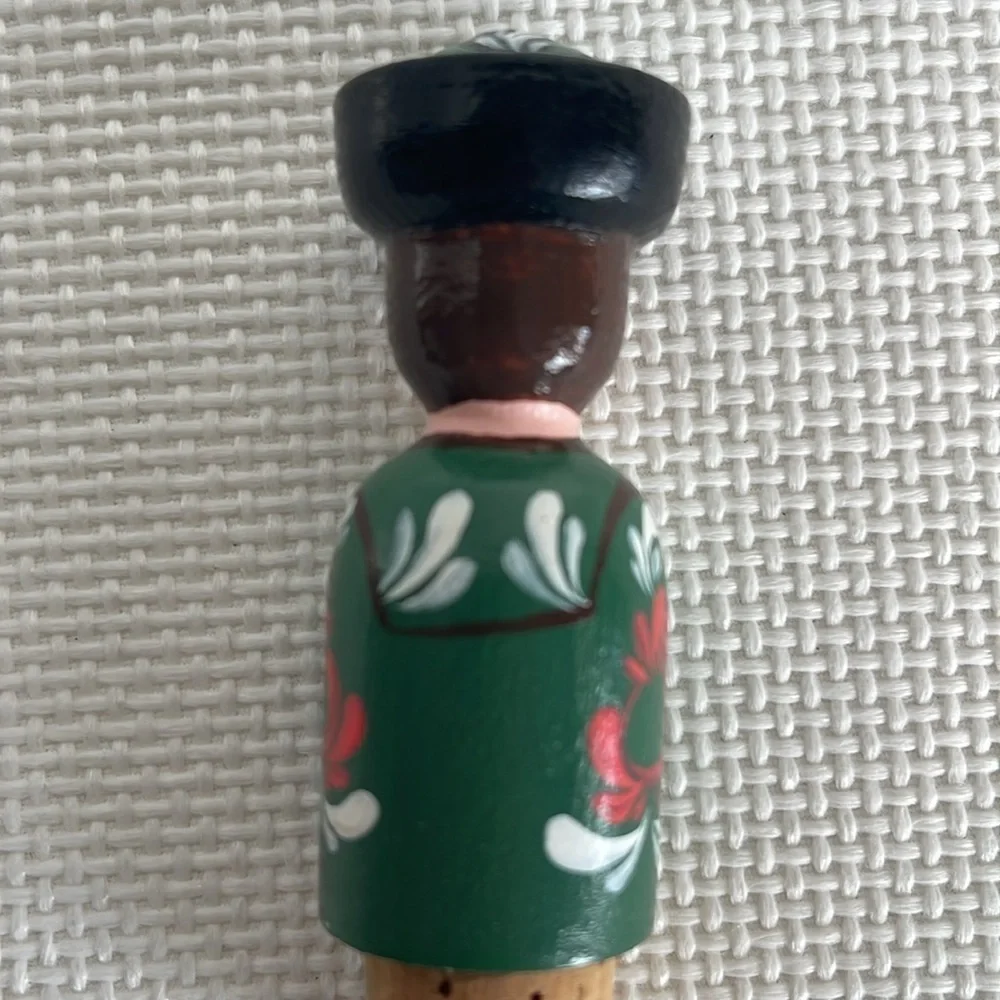 Vintage Hand Carved Wooden Wine Stopper Set of 2 Folk Art Hand Painted EUC